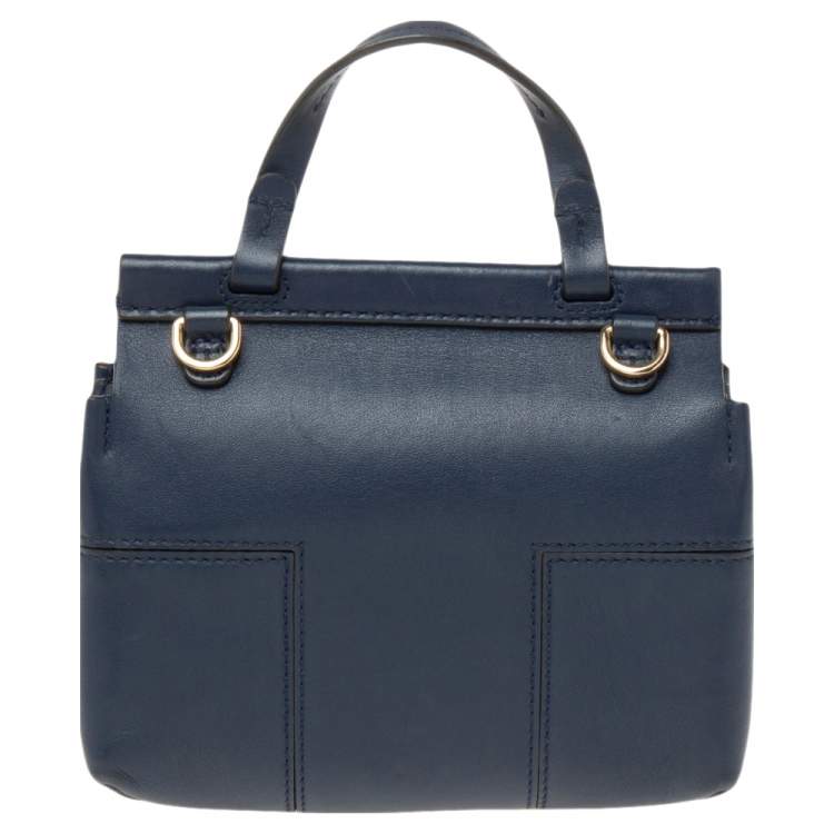 Pre Owned Tory Burch Blue Leather Mini Block T Top Handle Bag