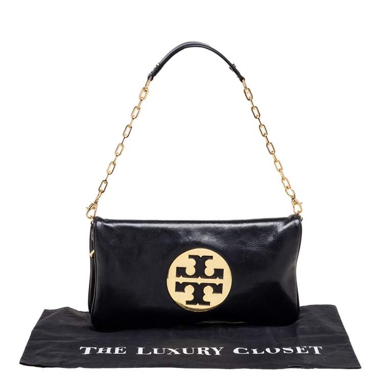 Pre Owned Tory Burch Black Glossy Leather Reva Chain Clutch