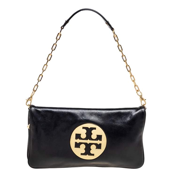 Pre Owned Tory Burch Black Glossy Leather Reva Chain Clutch