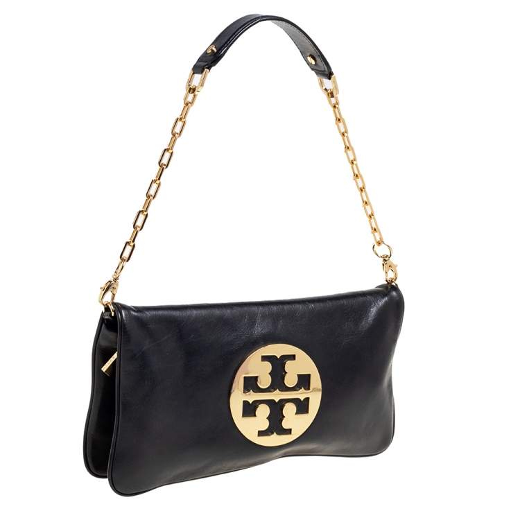Pre Owned Tory Burch Black Glossy Leather Reva Chain Clutch