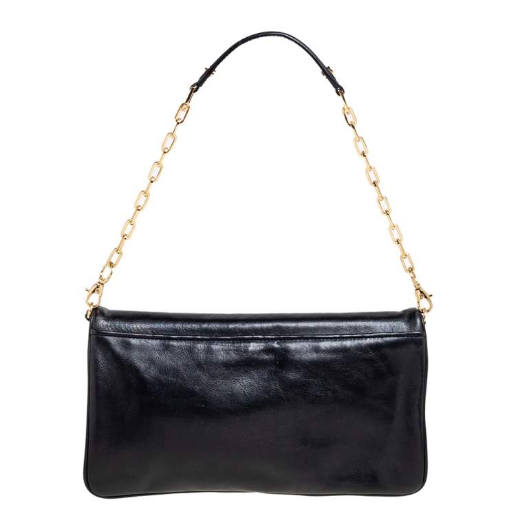 Pre Owned Tory Burch Black Glossy Leather Reva Chain Clutch