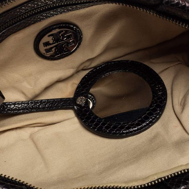 Pre Owned Tory Burch Metallic Black Python Embossed Leather Clutch