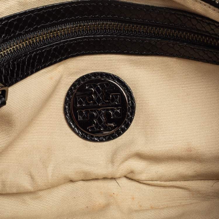 Pre Owned Tory Burch Metallic Black Python Embossed Leather Clutch