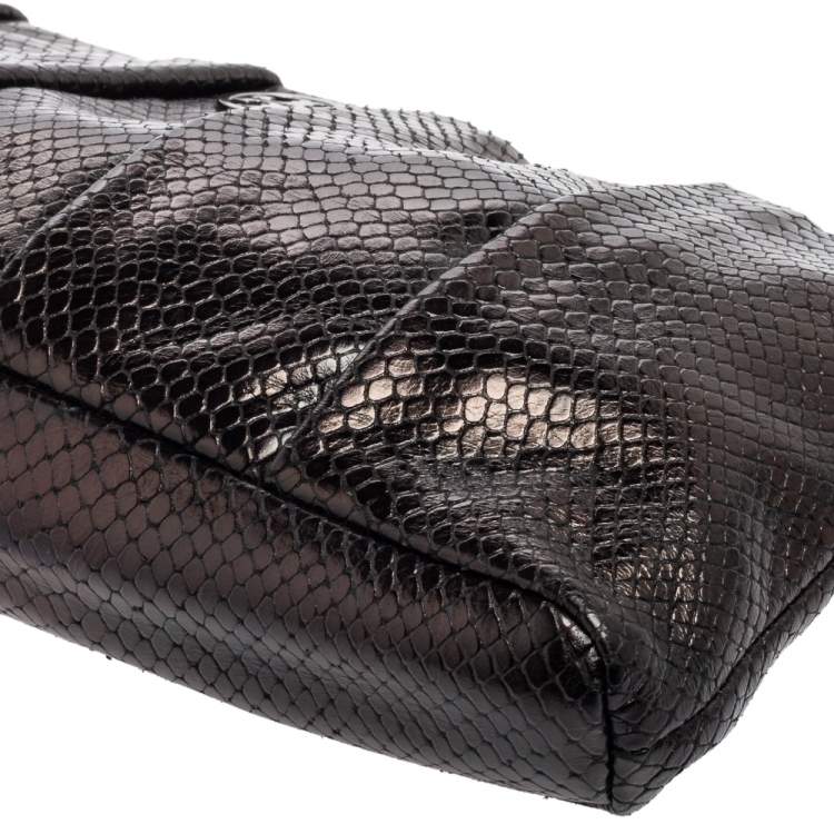 Pre Owned Tory Burch Metallic Black Python Embossed Leather Clutch