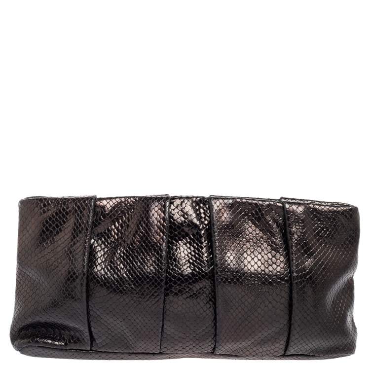 Pre Owned Tory Burch Metallic Black Python Embossed Leather Clutch