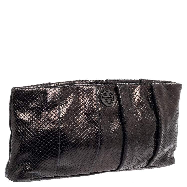 Pre Owned Tory Burch Metallic Black Python Embossed Leather Clutch