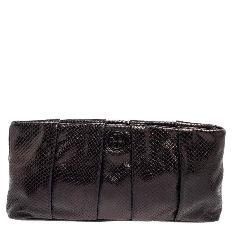 Pre Owned Tory Burch Metallic Black Python Embossed Leather Clutch
