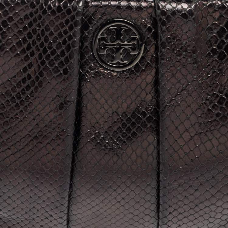 Pre Owned Tory Burch Metallic Black Python Embossed Leather Clutch