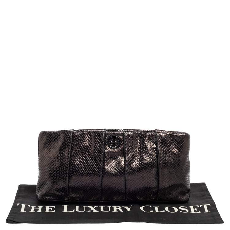 Pre Owned Tory Burch Metallic Black Python Embossed Leather Clutch