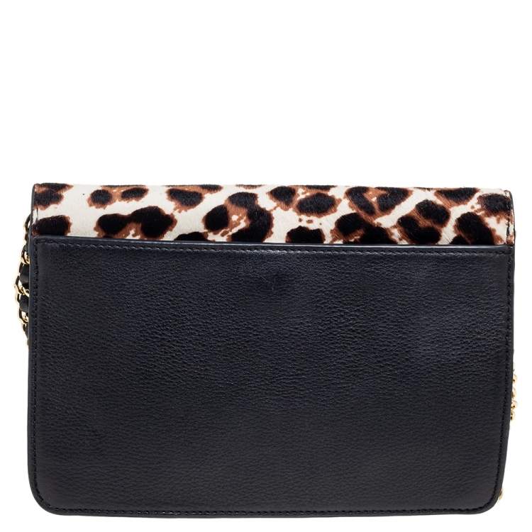 Pre Owned Tory Burch Brown/Black Pony Hair/Leather Kira Envelope Flap Chain Bag