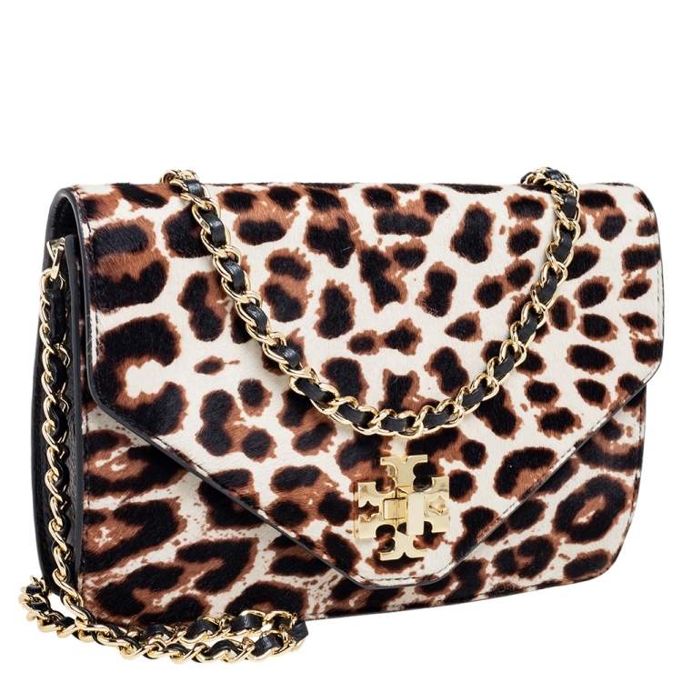 Pre Owned Tory Burch Brown/Black Pony Hair/Leather Kira Envelope Flap Chain Bag