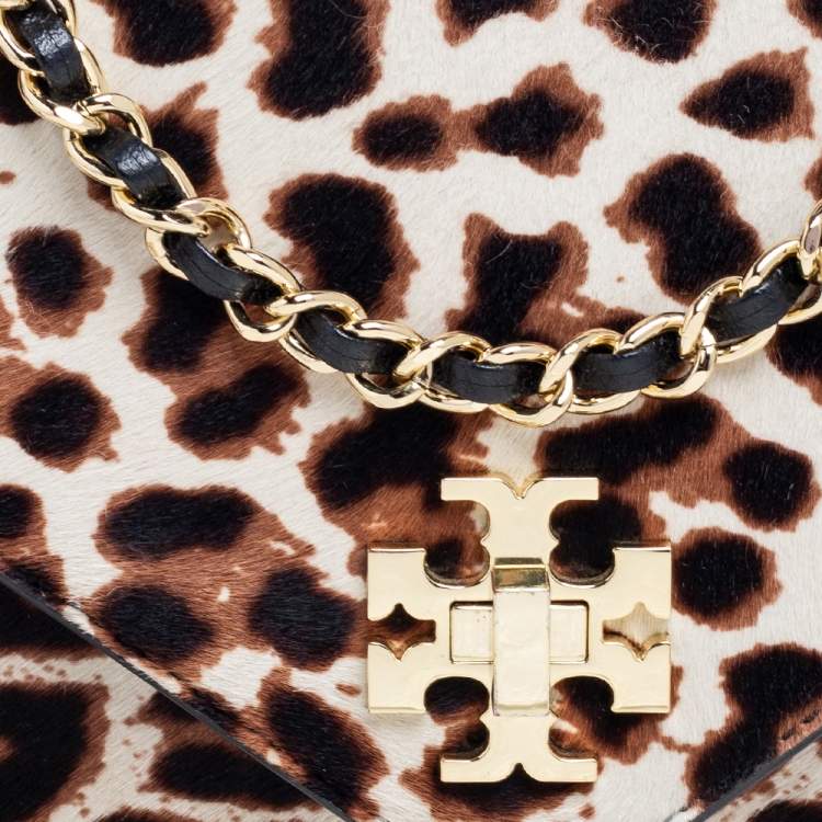 Pre Owned Tory Burch Brown/Black Pony Hair/Leather Kira Envelope Flap Chain Bag