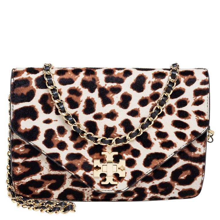 Pre Owned Tory Burch Brown/Black Pony Hair/Leather Kira Envelope Flap Chain Bag