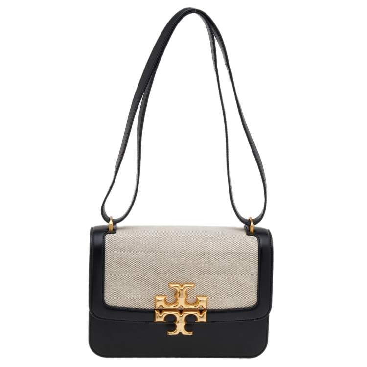 Tory Burch Black/Beige Canvas And Leather Flap Shoulder Bag Tory Burch ...