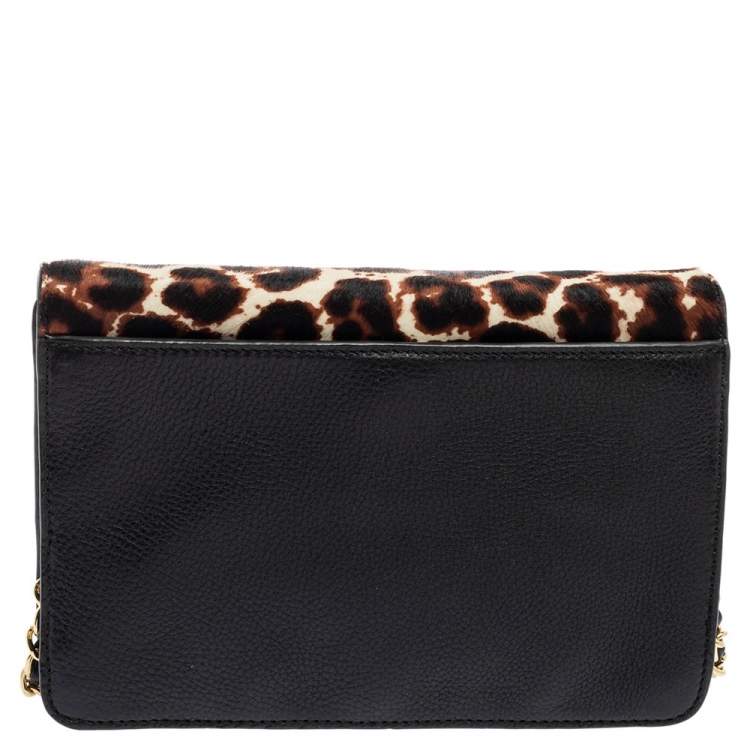 Pre Owned Tory Burch Black Leopard Print Calf Hair and Leather Kira Envelope Chain Shoulder Bag