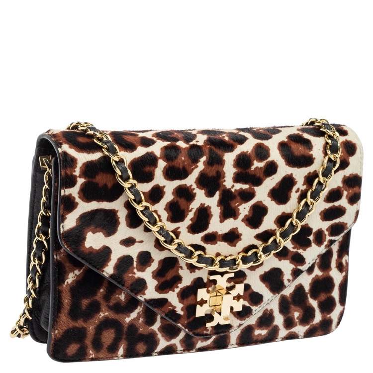 Pre Owned Tory Burch Black Leopard Print Calf Hair and Leather Kira Envelope Chain Shoulder Bag