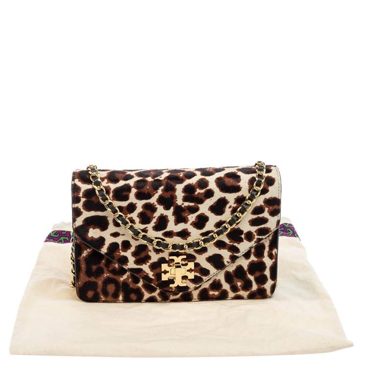 Pre Owned Tory Burch Black Leopard Print Calf Hair and Leather Kira Envelope Chain Shoulder Bag