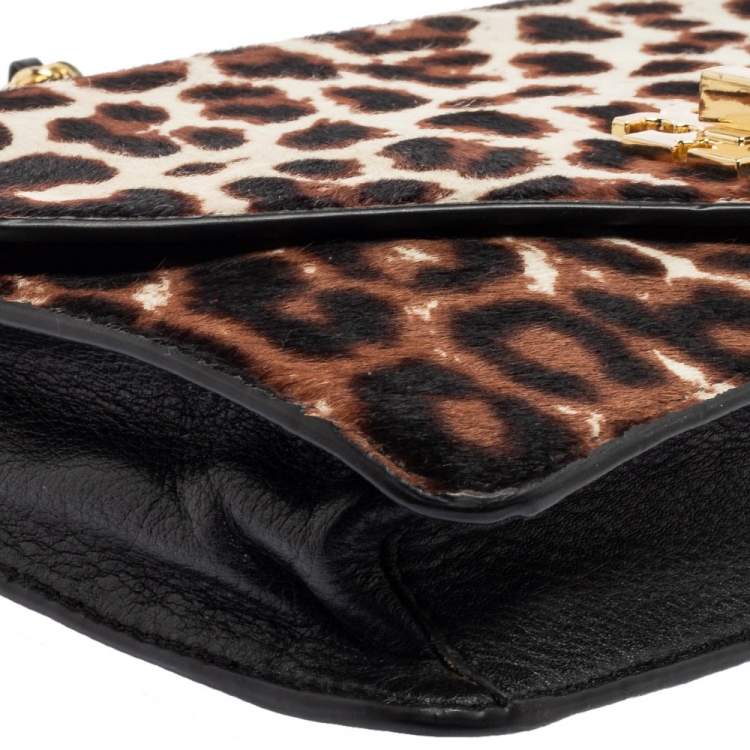 Pre Owned Tory Burch Black Leopard Print Calf Hair and Leather Kira Envelope Chain Shoulder Bag