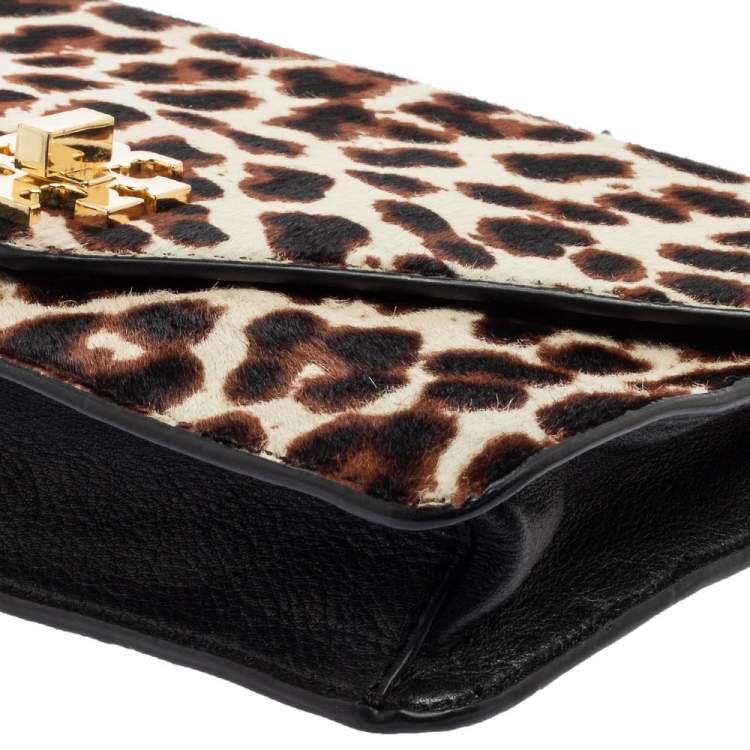 Pre Owned Tory Burch Black Leopard Print Calf Hair and Leather Kira Envelope Chain Shoulder Bag