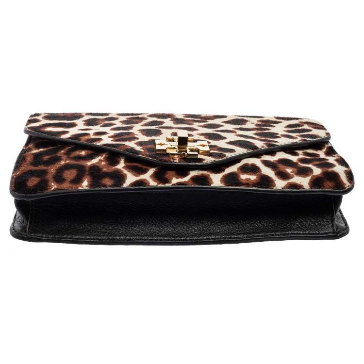 Pre Owned Tory Burch Black Leopard Print Calf Hair and Leather Kira Envelope Chain Shoulder Bag