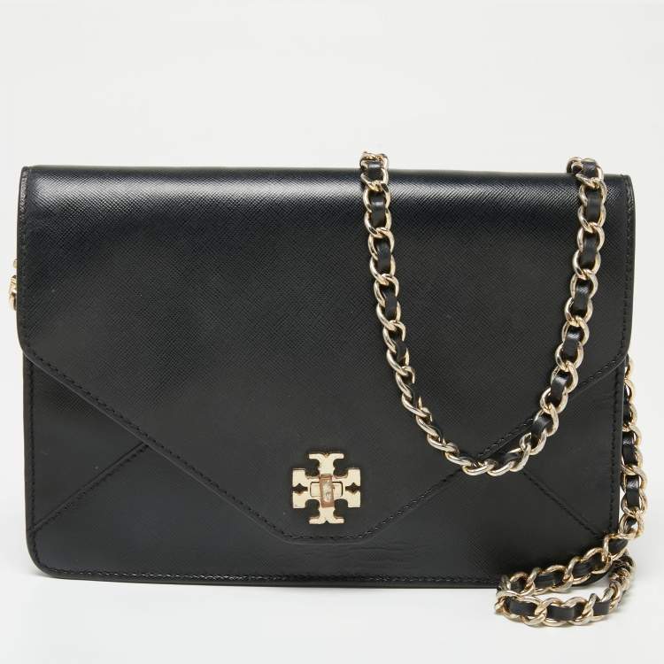 Pre Owned Tory Burch Black Leather Kira Envelope Flap Shoulder Bag