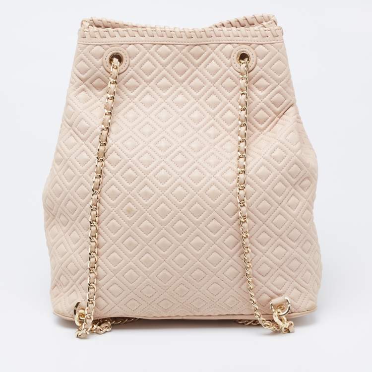 Pre Owned Tory Burch Powder Pink Leather Drawstring Backpack