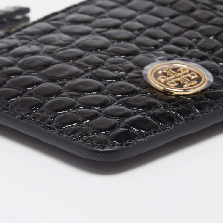Pre Owned Tory Burch Black Croc Embossed Leather Walker Top Zip Card Holder 