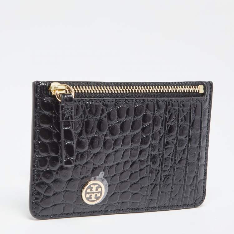 Pre Owned Tory Burch Black Croc Embossed Leather Walker Top Zip Card Holder 