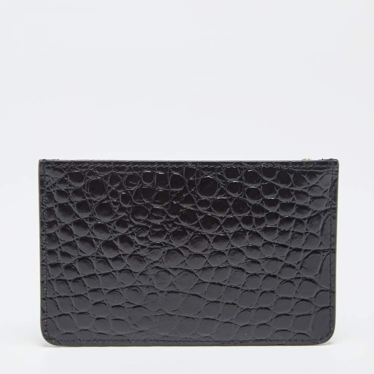 Pre Owned Tory Burch Black Croc Embossed Leather Walker Top Zip Card Holder 