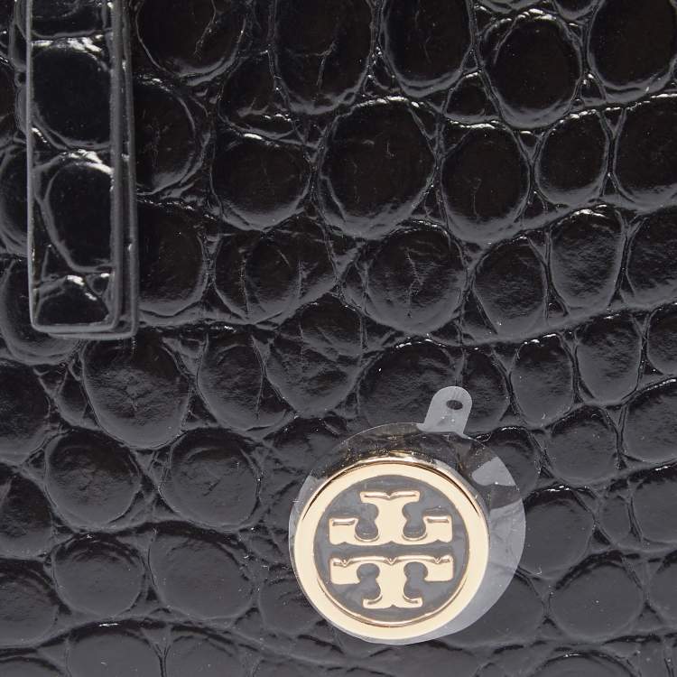 Pre Owned Tory Burch Black Croc Embossed Leather Walker Top Zip Card Holder 