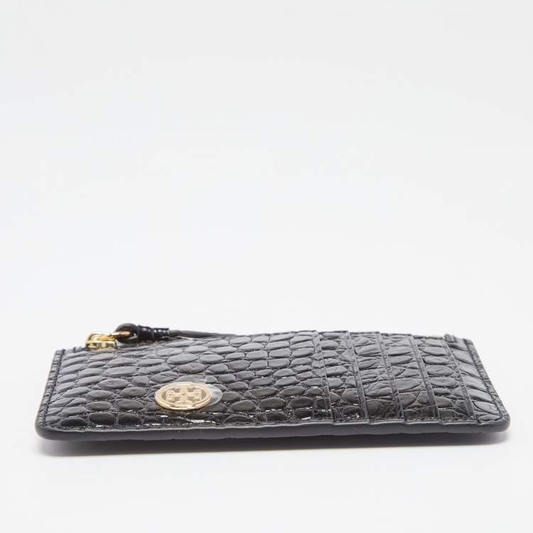 Pre Owned Tory Burch Black Croc Embossed Leather Walker Top Zip Card Holder 
