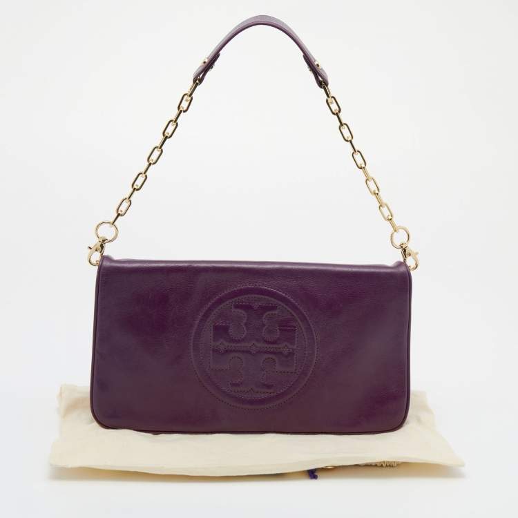 Pre Owned Tory Burch Purple Leather Reva Bombe Chain Clutch