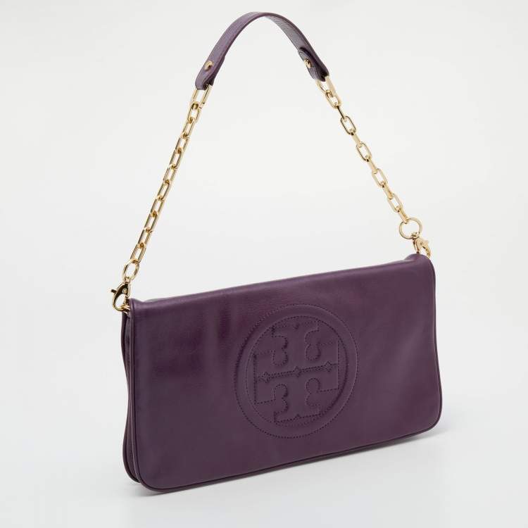 Pre Owned Tory Burch Purple Leather Reva Bombe Chain Clutch