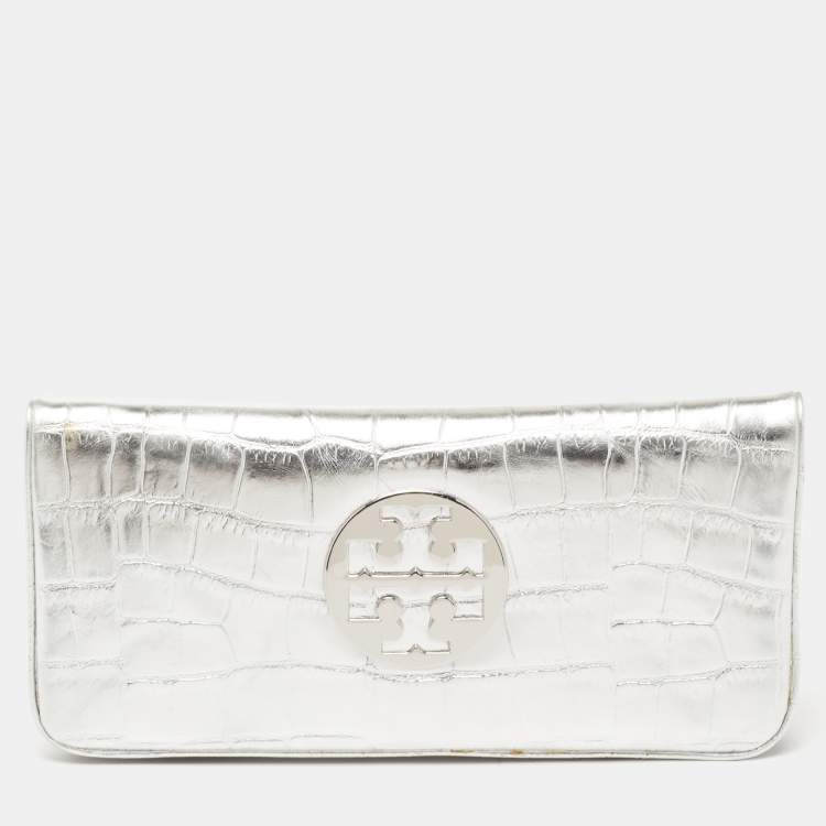 Silver tory burch clutch sale