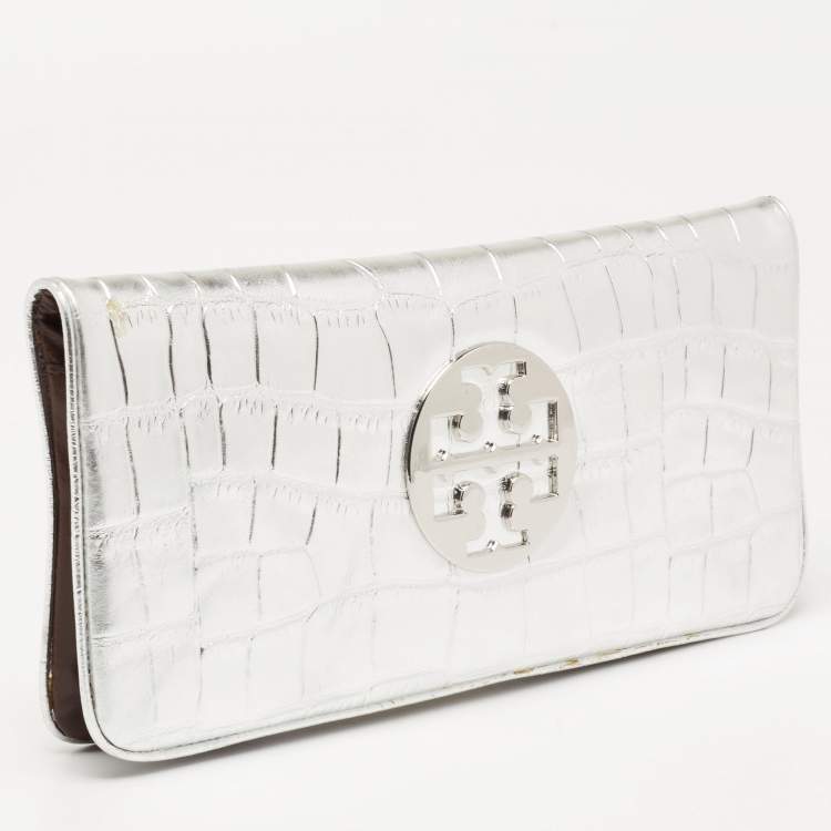 Pre Owned Tory Burch Silver Croc Embossed Glossy Leather Clutch