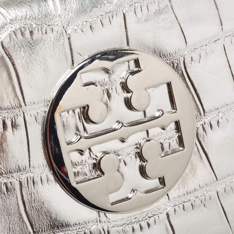 Pre Owned Tory Burch Silver Croc Embossed Glossy Leather Clutch