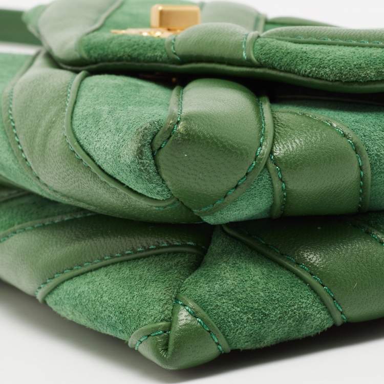 Pre Owned Tory Burch Green Chevron Suede and Leather Kira Shoulder Bag