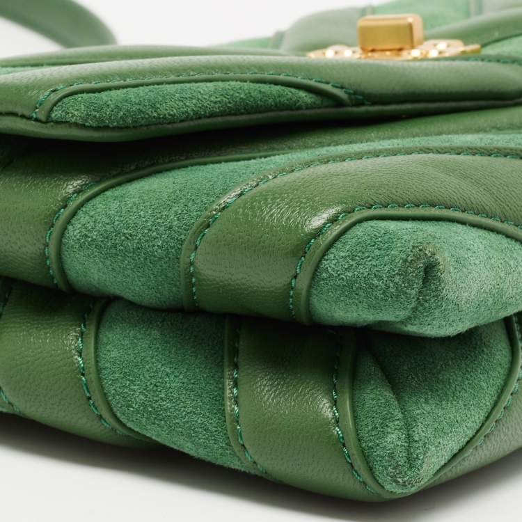 Pre Owned Tory Burch Green Chevron Suede and Leather Kira Shoulder Bag