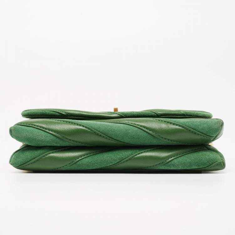 Pre Owned Tory Burch Green Chevron Suede and Leather Kira Shoulder Bag