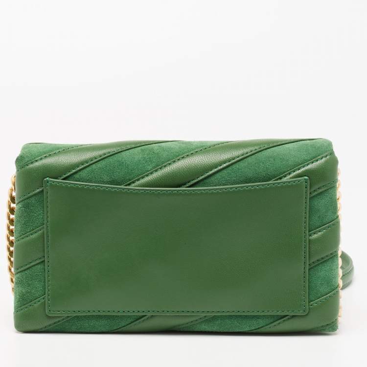 Pre Owned Tory Burch Green Chevron Suede and Leather Kira Shoulder Bag
