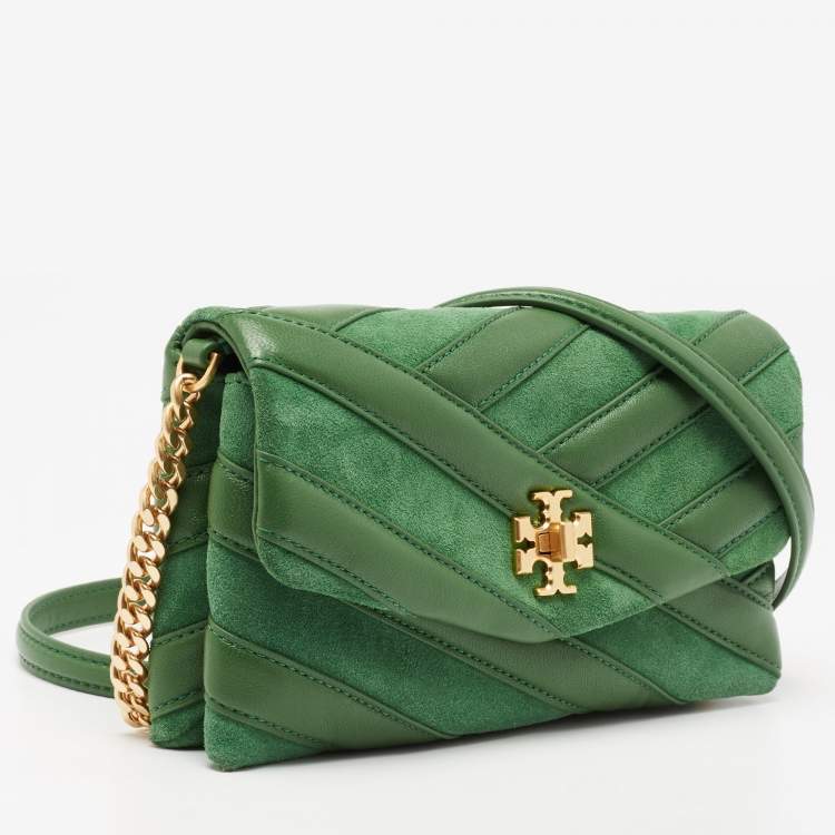 Pre Owned Tory Burch Green Chevron Suede and Leather Kira Shoulder Bag