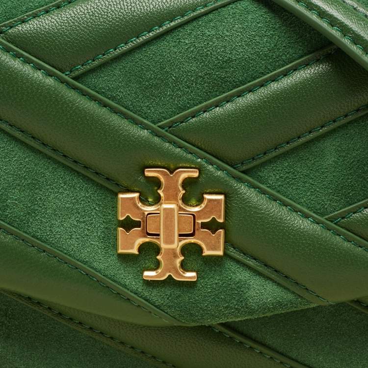 Pre Owned Tory Burch Green Chevron Suede and Leather Kira Shoulder Bag