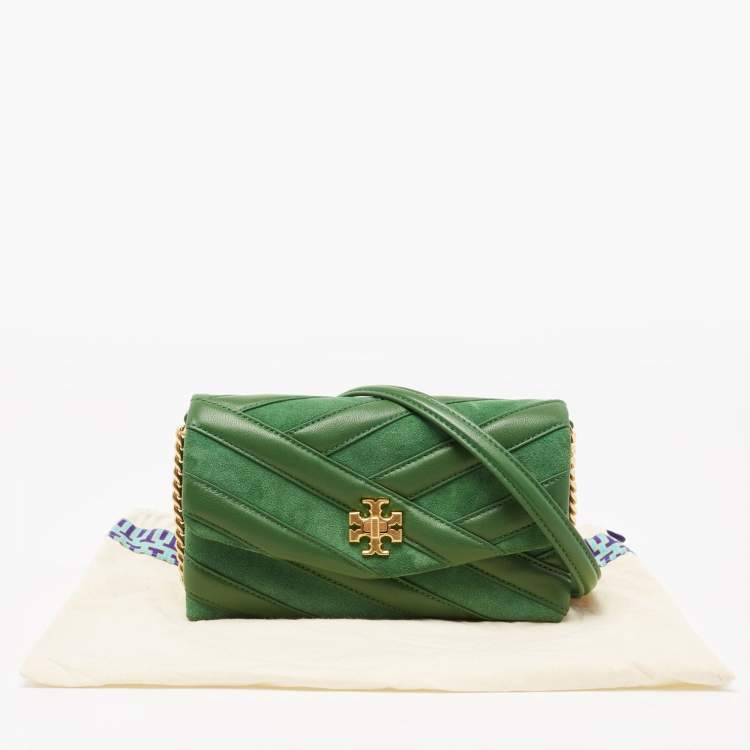 Pre Owned Tory Burch Green Chevron Suede and Leather Kira Shoulder Bag