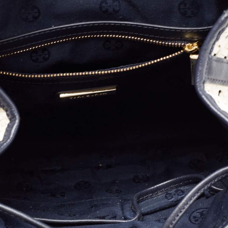 مملوكة مسبقًا Tory Burch Navy Blue/White Woven and Saffiano Leather Piper Backpack