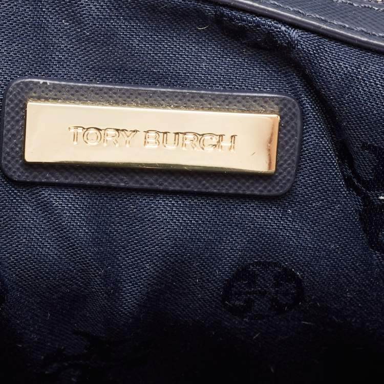 مملوكة مسبقًا Tory Burch Navy Blue/White Woven and Saffiano Leather Piper Backpack