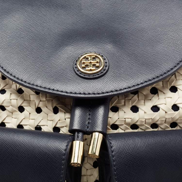 مملوكة مسبقًا Tory Burch Navy Blue/White Woven and Saffiano Leather Piper Backpack