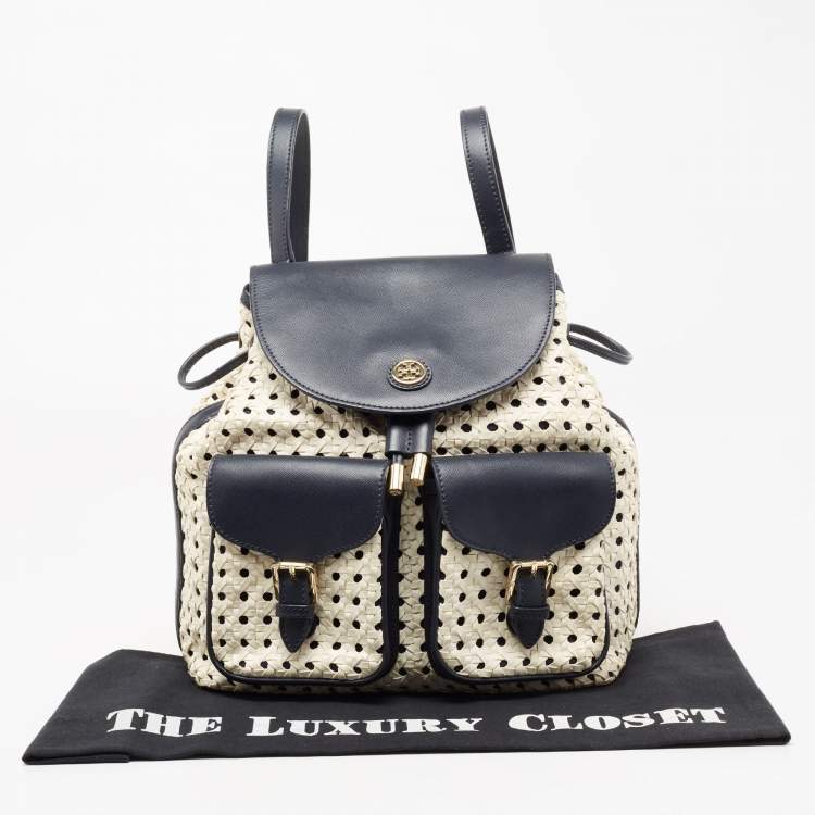 مملوكة مسبقًا Tory Burch Navy Blue/White Woven and Saffiano Leather Piper Backpack