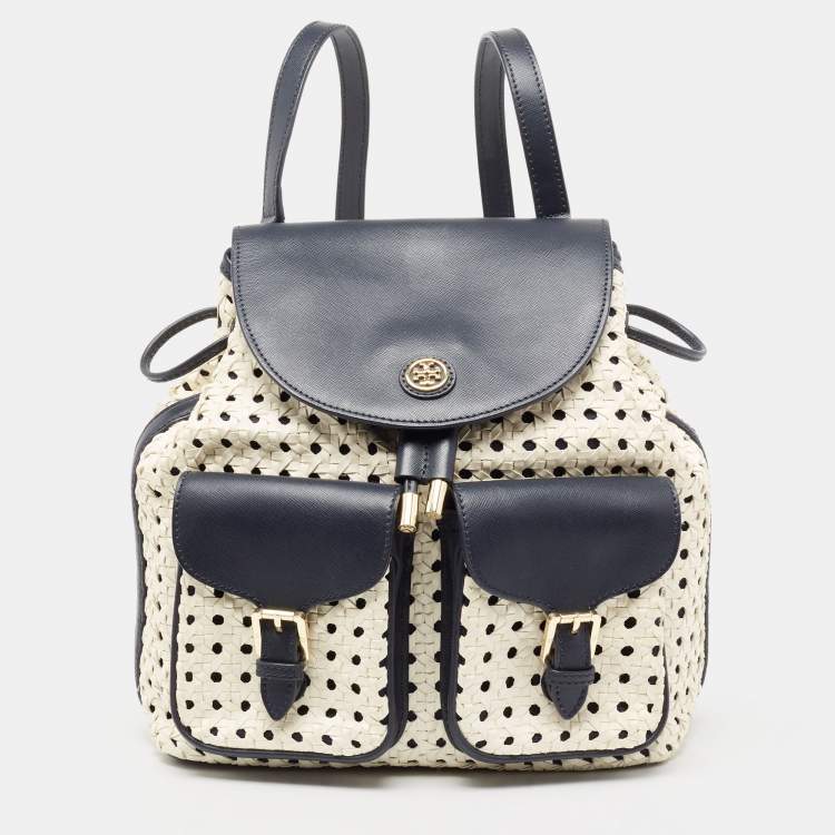 مملوكة مسبقًا Tory Burch Navy Blue/White Woven and Saffiano Leather Piper Backpack