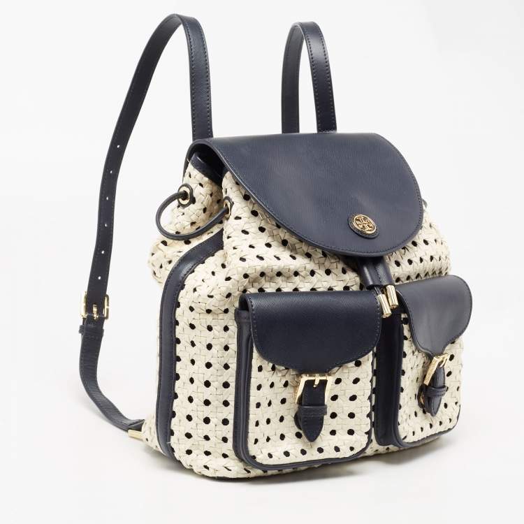 مملوكة مسبقًا Tory Burch Navy Blue/White Woven and Saffiano Leather Piper Backpack