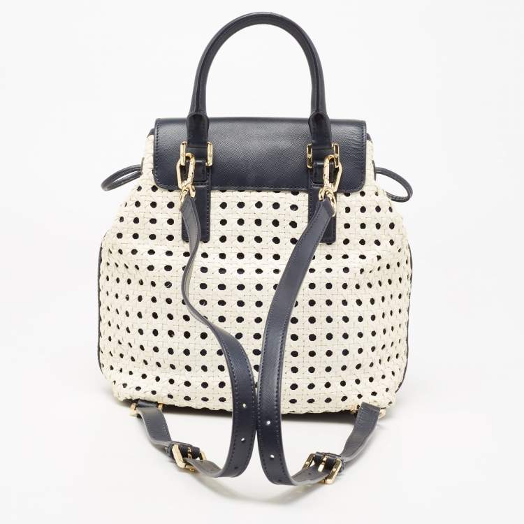 مملوكة مسبقًا Tory Burch Navy Blue/White Woven and Saffiano Leather Piper Backpack
